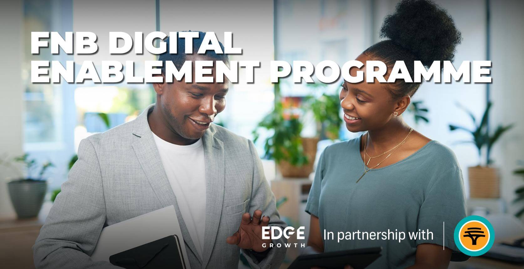 Business Professionals Discussing Digital Solutions During Meeting, Fnb Digital Enablement Programme Branding Visible.