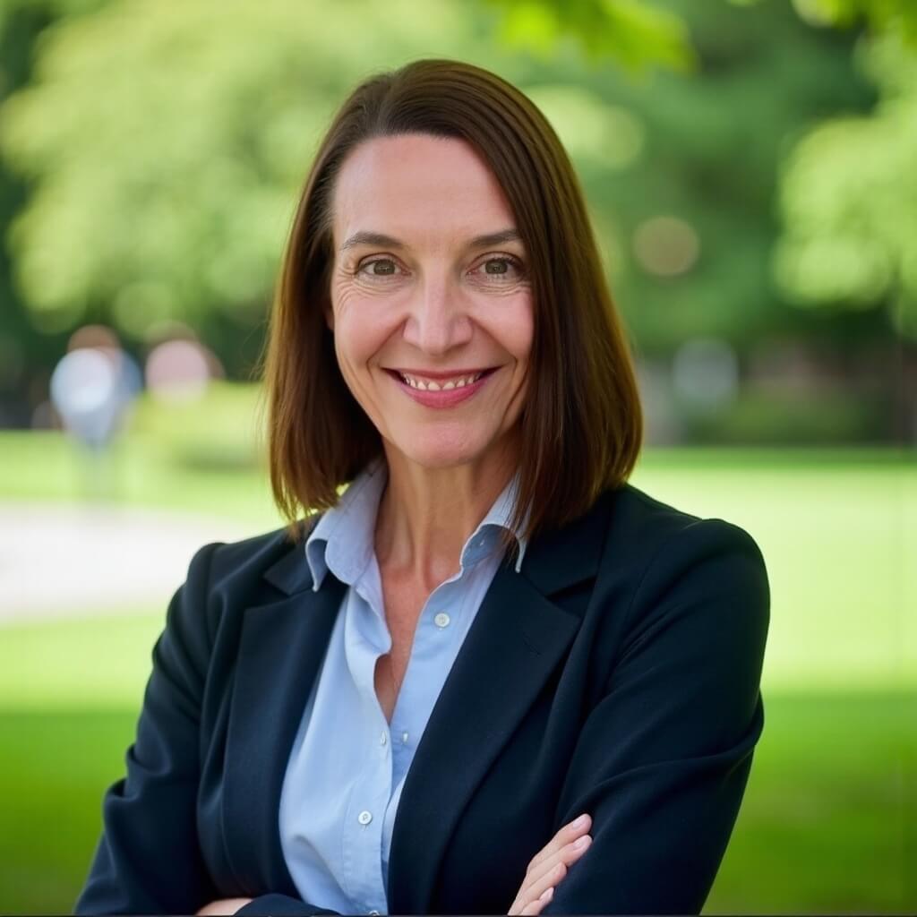 Smiling Woman In Navy Blazer With Arms Crossed, Standing Outdoors Against A Blurred Green Background